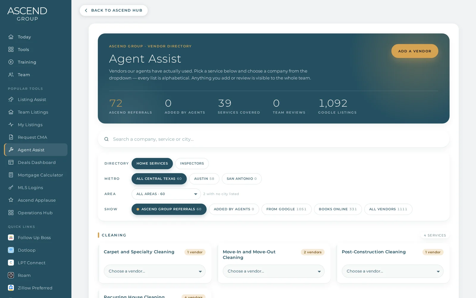 Agent Assist vendor directory in the Ascend Hub