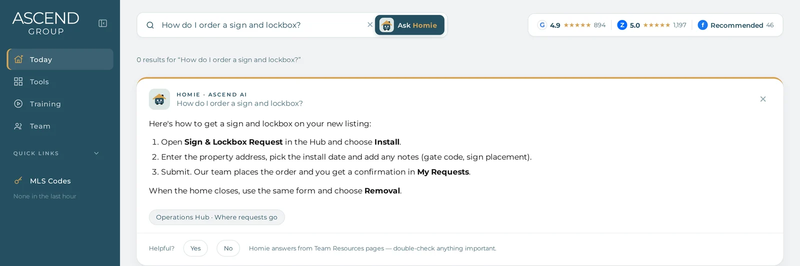 Homie, the Ascend Hub AI assistant, answering how to order a sign and lockbox