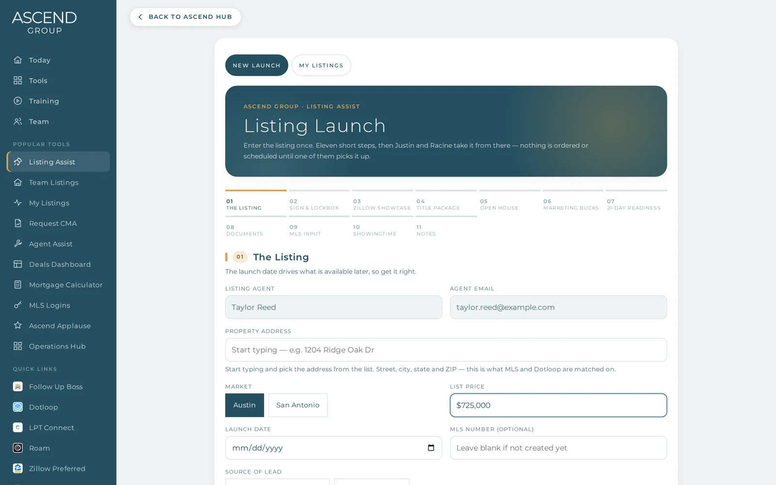 Listing Assist new listing launch form in the Ascend Hub