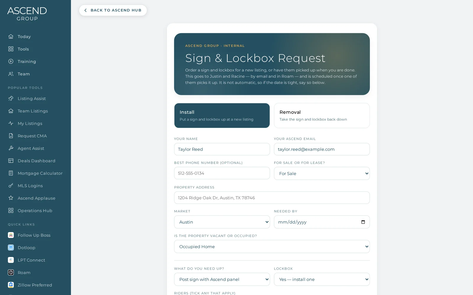 Sign and Lockbox Request form in the Ascend Hub