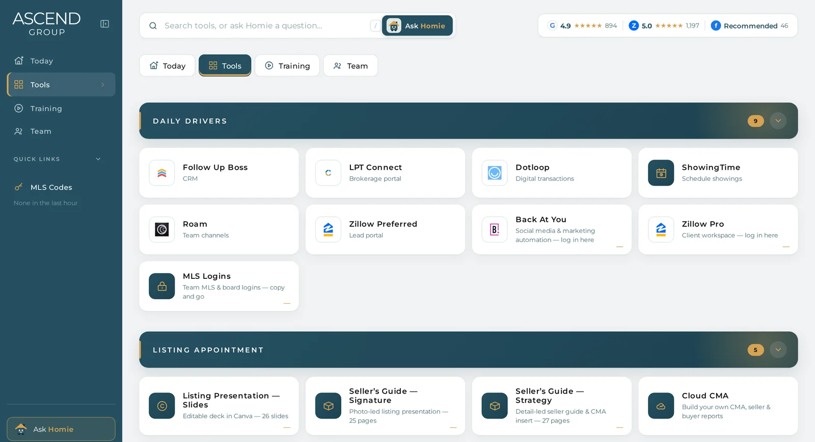 The Tools tab of the Ascend Hub with daily drivers and listing appointment tools